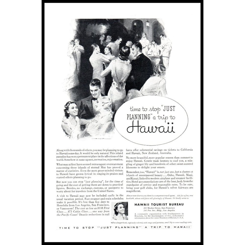 1934 Hawaii Tourist Bureau Hawaiian Vacation Vintage Print Ad Ballroom Wall Art